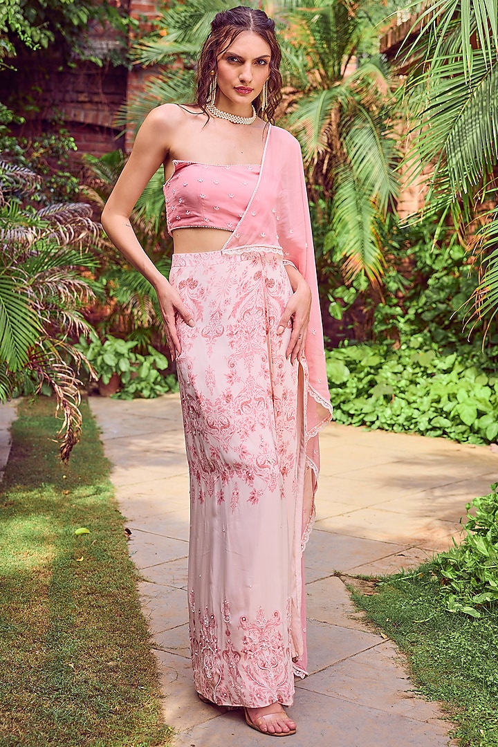 Pink Heavy Dull Crepe Printed & Hand Embroidered Draped Saree Set by Jade By Ashima