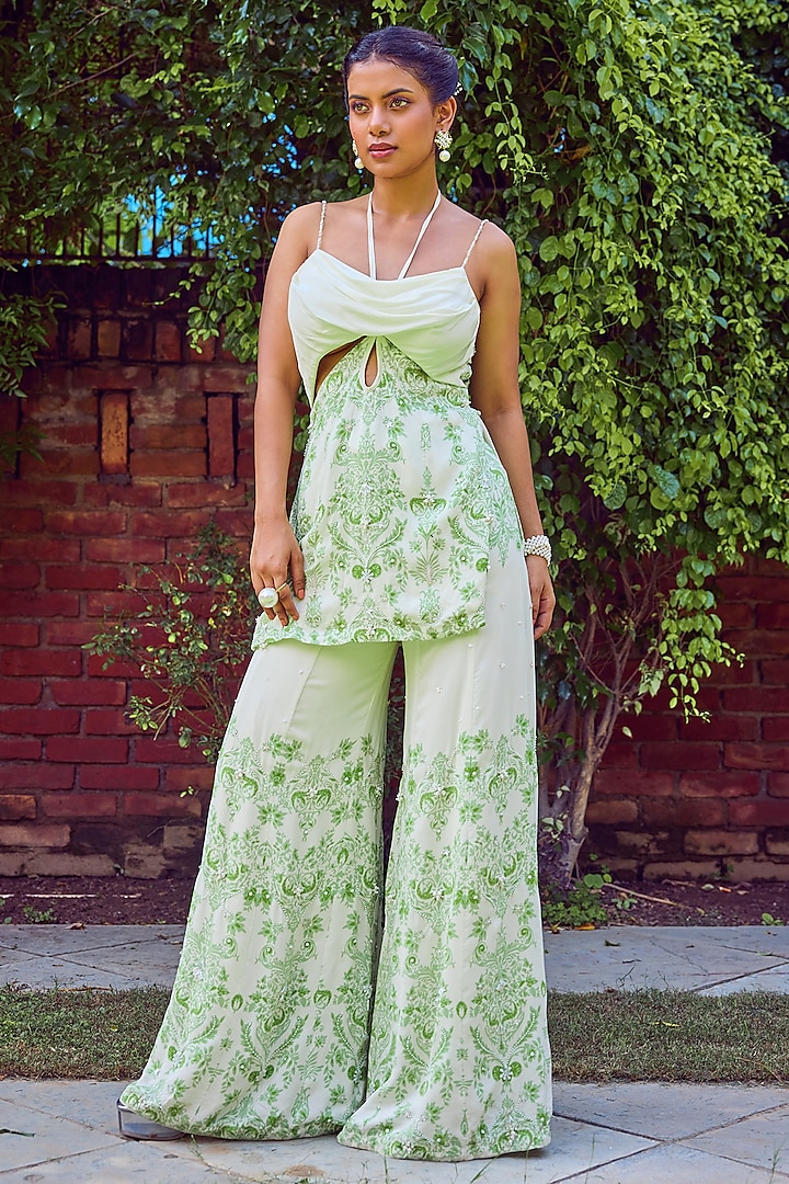 Green Heavy Dull Crepe Printed & Hand Embroidered Kalidar Sharara Set by Jade By Ashima at Pernia's Pop Up Shop