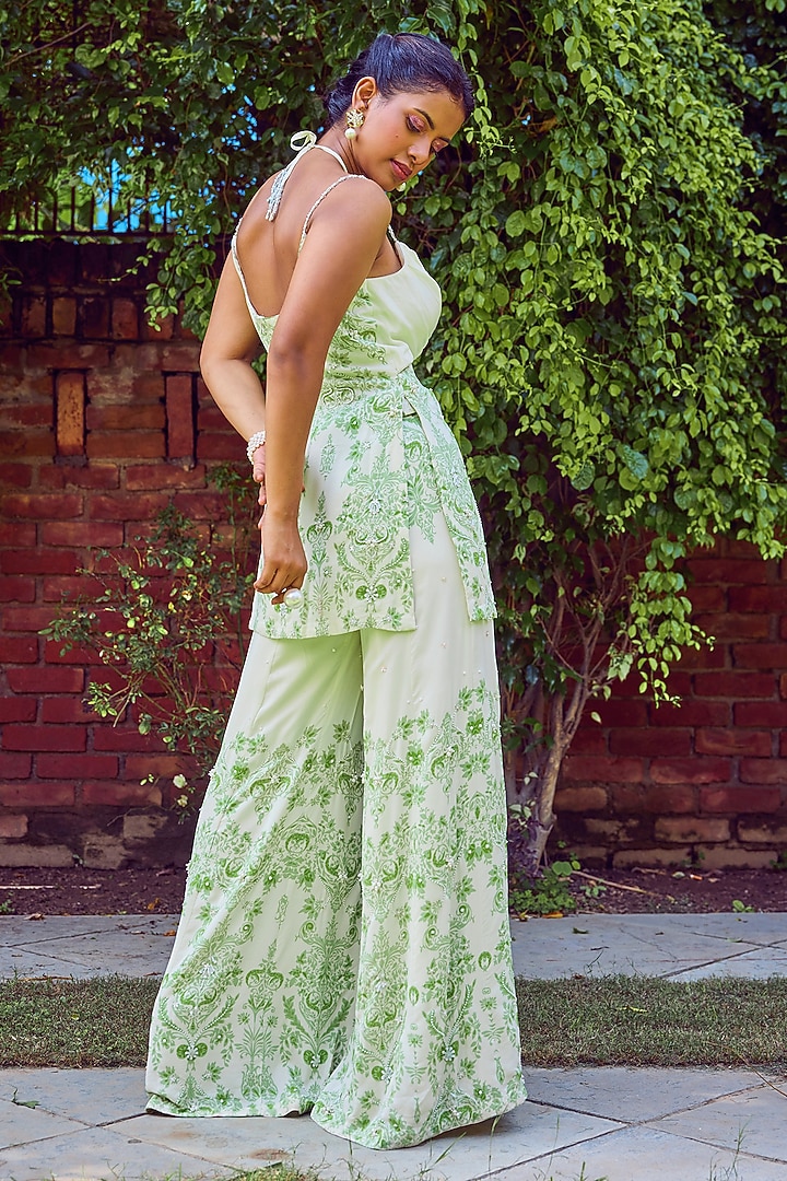 Green Heavy Dull Crepe Printed & Hand Embroidered Kalidar Party Wear Sharara Set by Jade By Ashima at Pernia's Pop Up Shop