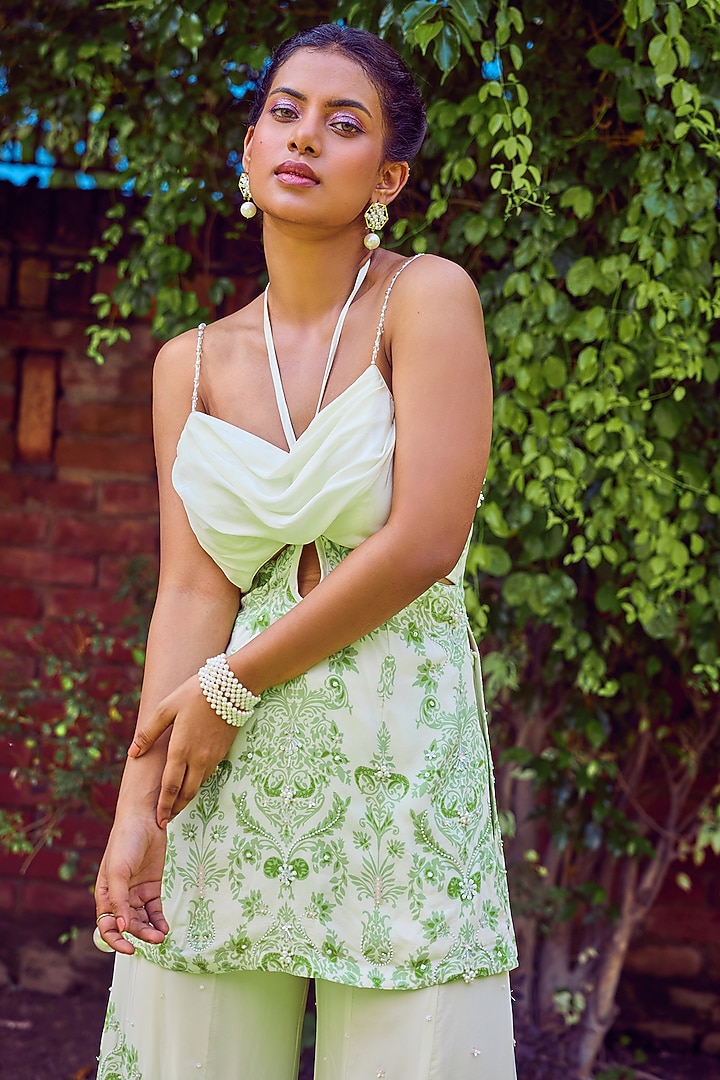 Green Heavy Dull Crepe Printed & Hand Embroidered Kalidar Party Wear Sharara Set by Jade By Ashima at Pernia's Pop Up Shop