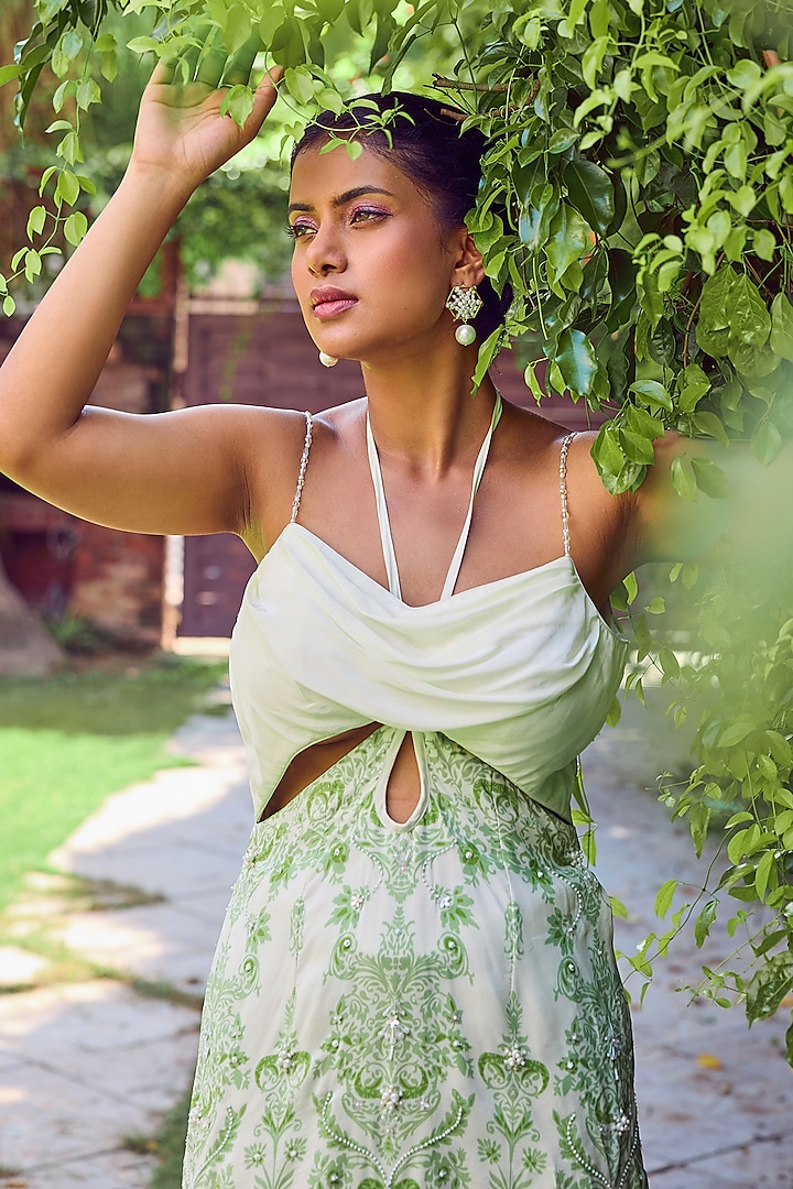 Green Heavy Dull Crepe Printed & Hand Embroidered Kalidar Party Wear Sharara Set by Jade By Ashima at Pernia's Pop Up Shop