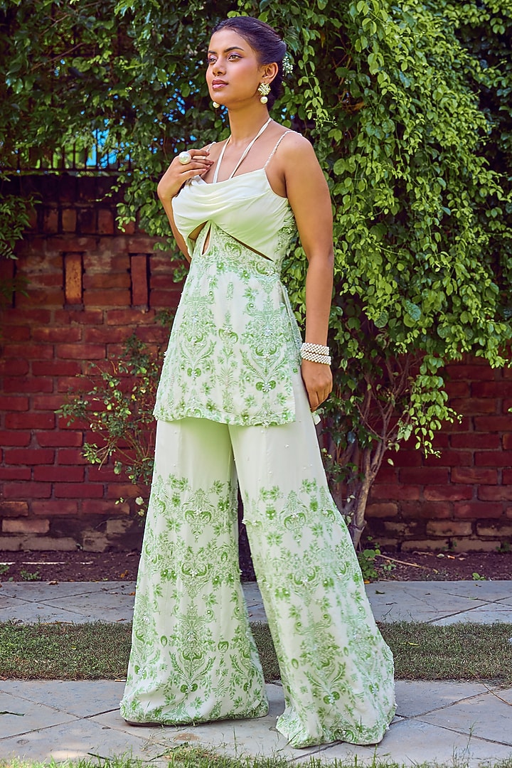 Green Heavy Dull Crepe Printed & Hand Embroidered Kalidar Party Wear Sharara Set by Jade By Ashima at Pernia's Pop Up Shop