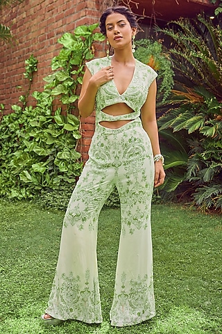 Green Heavy Dull Crepe Printed & Embroidered Jumpsuit by Jade By Ashima