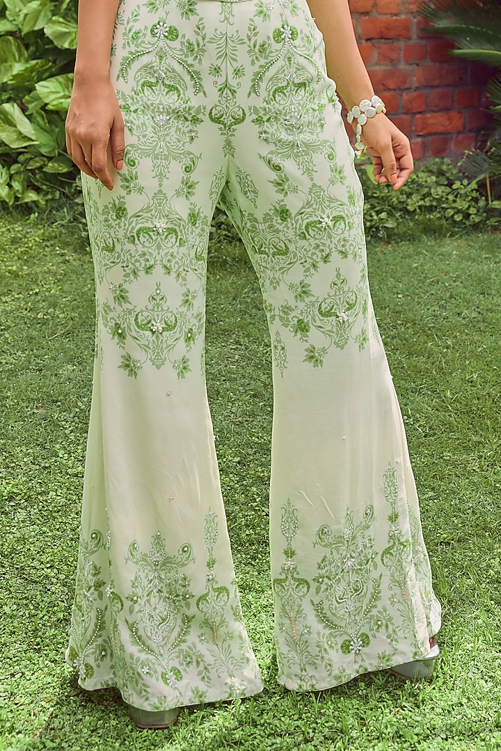 Green Heavy Dull Crepe Printed & Embroidered Jumpsuit by Jade By Ashima at Pernia's Pop Up Shop