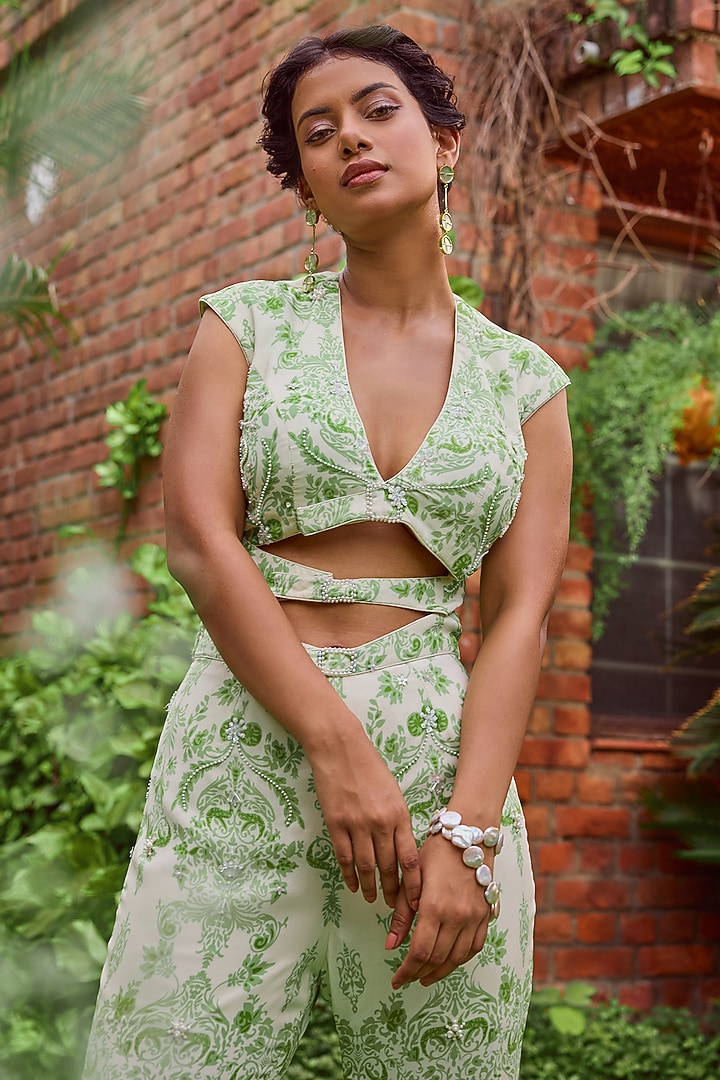 Green Heavy Dull Crepe Printed & Embroidered Jumpsuit by Jade By Ashima at Pernia's Pop Up Shop