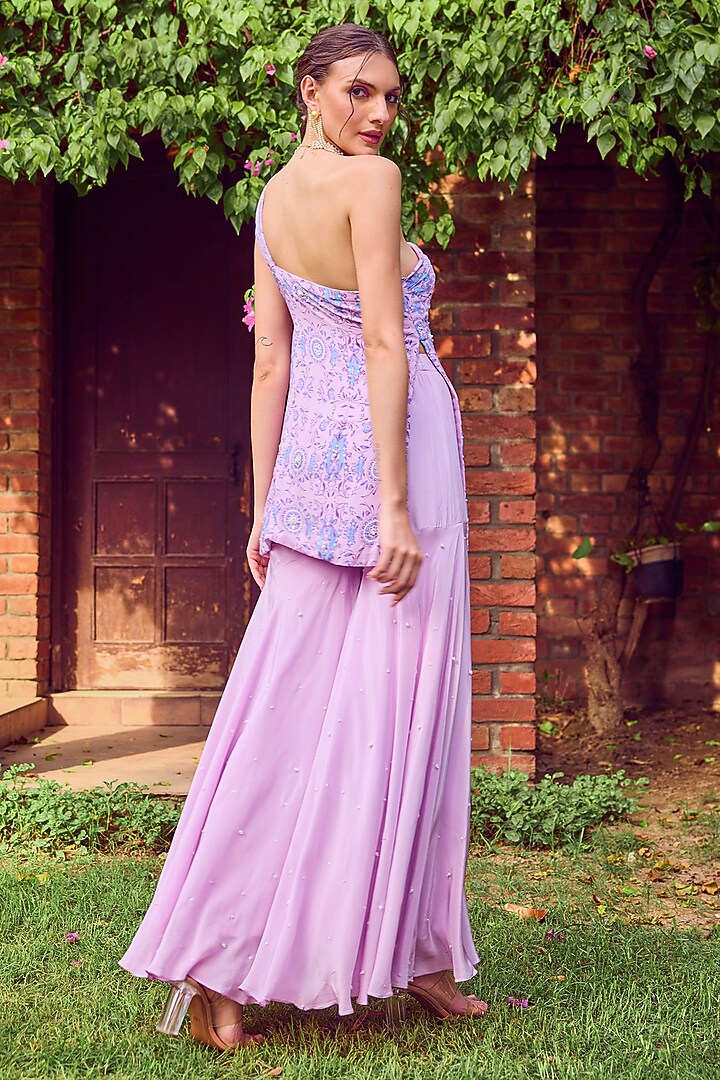 Purple Heavy Dull Crepe Printed & Hand Embroidered Party Wear Sharara Set by Jade By Ashima at Pernia's Pop Up Shop