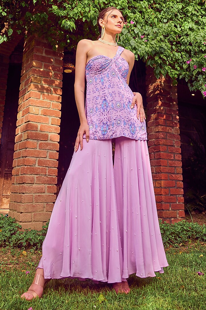 Purple Heavy Dull Crepe Printed & Hand Embroidered Party Wear Sharara Set by Jade By Ashima at Pernia's Pop Up Shop