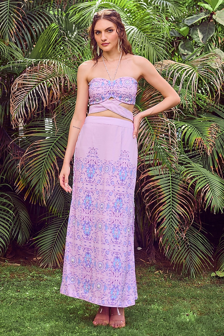 Purple Heavy Dull Crepe Printed & Hand Embroidered Skirt Set by Jade By Ashima