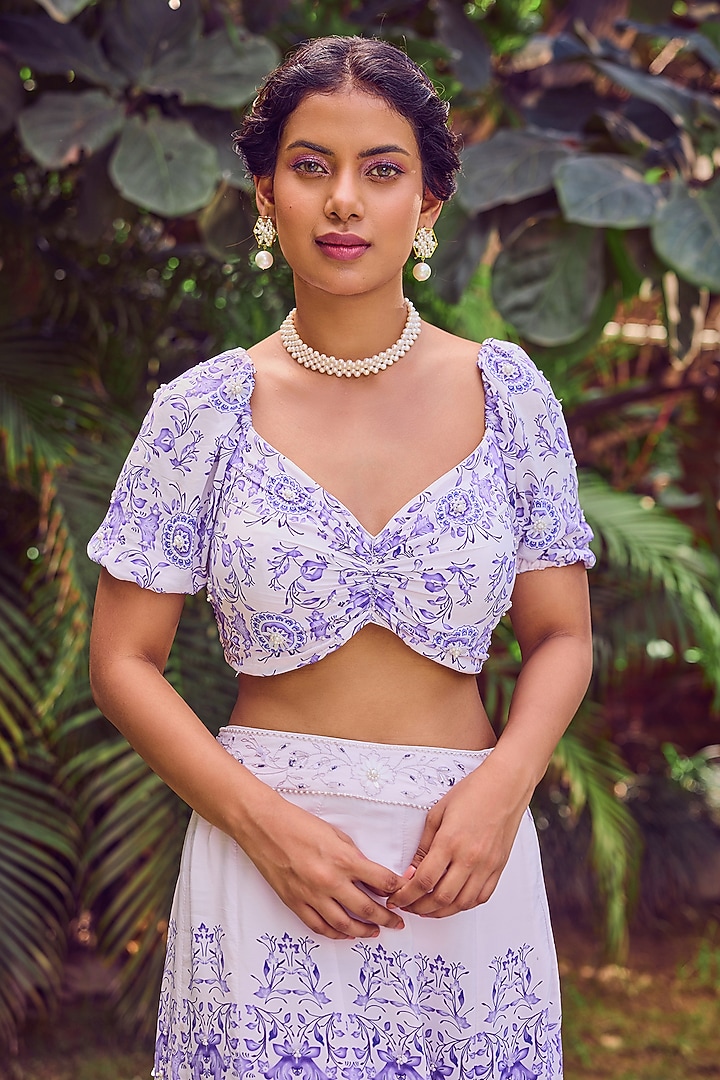 Blue Heavy Dull Crepe Printed & Hand Embroidered Slit Skirt Set by Jade By Ashima at Pernia's Pop Up Shop