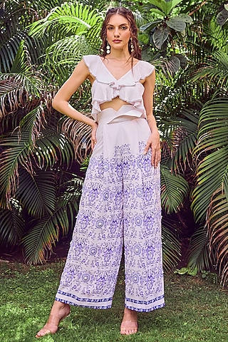Blue Heavy Dull Crepe Printed & Hand Embroidered Co-Ord Set by Jade By Ashima