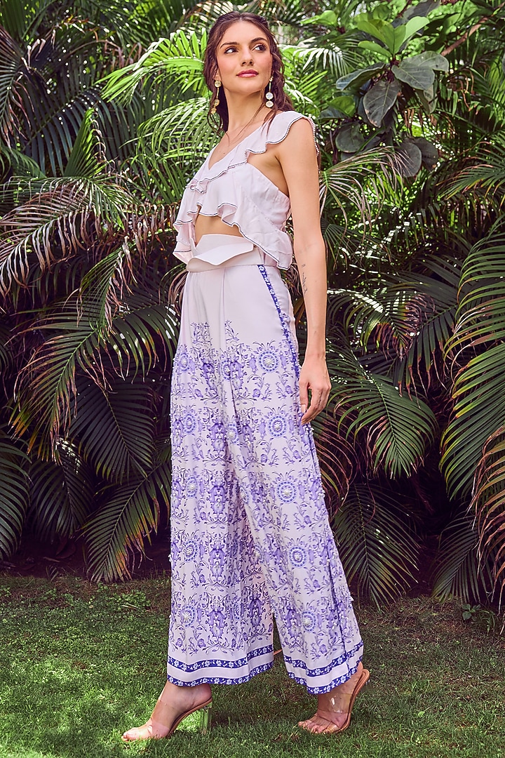 Blue Heavy Dull Crepe Printed & Hand Embroidered Co-Ord Set by Jade By Ashima at Pernia's Pop Up Shop