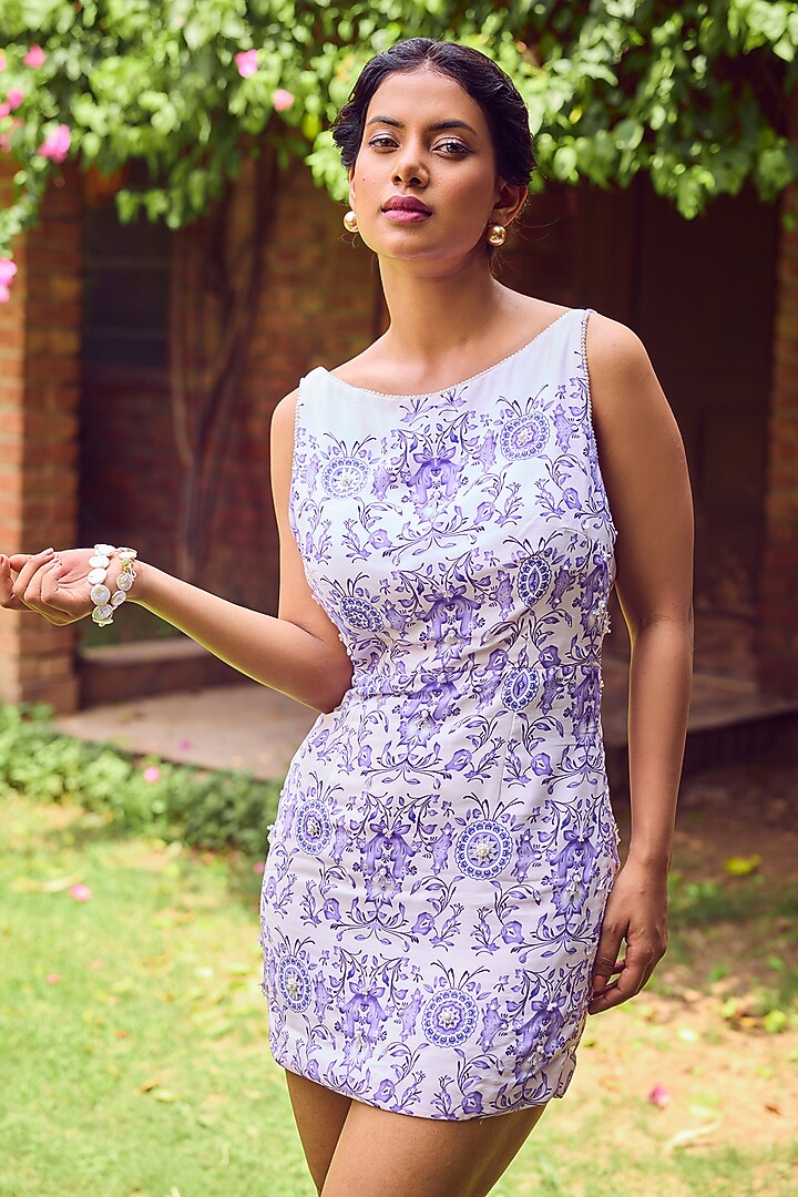 Blue Heavy Dull Crepe Printed & Hand Embroidered Mini Summer Dress by Jade By Ashima at Pernia's Pop Up Shop