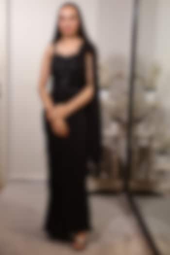 Black Georgette & Silk Dupion Draped Gown by Jade by Ashima