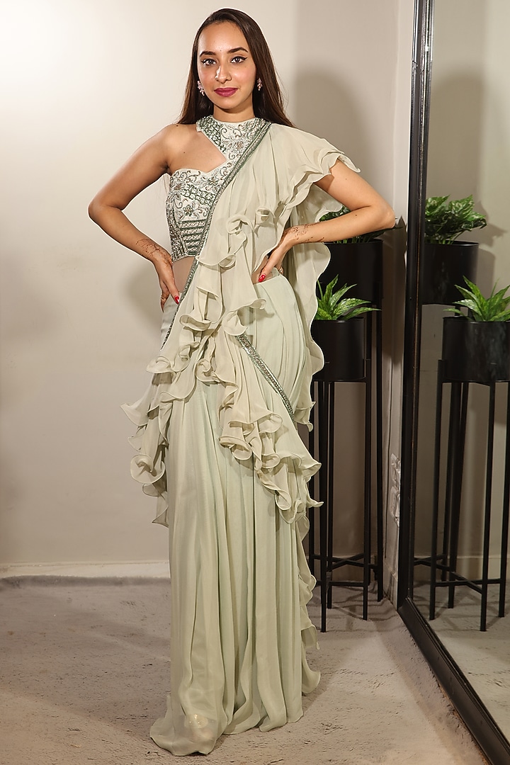 Mint Green Crepe & Silk Dupion Ruffled Party Wear Saree Set by Jade by Ashima at Pernia's Pop Up Shop