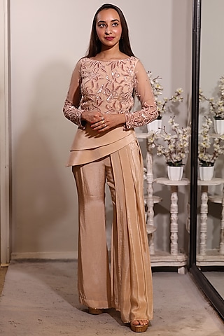 Peach Crepe & Net Pant Set by Jade by Ashima