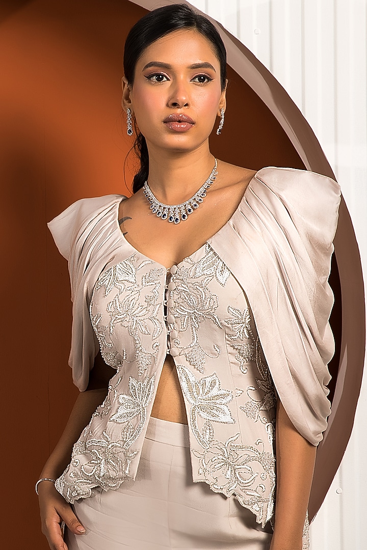 Pink Grey Crepe Jacket Set by Jade by Ashima at Pernia's Pop Up Shop