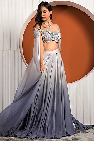 Indigo Ombre Crepe Skirt Set by Jade by Ashima