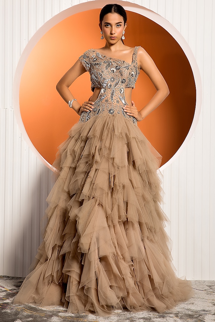 Tan Dupion Ruffled Gown by Jade by Ashima