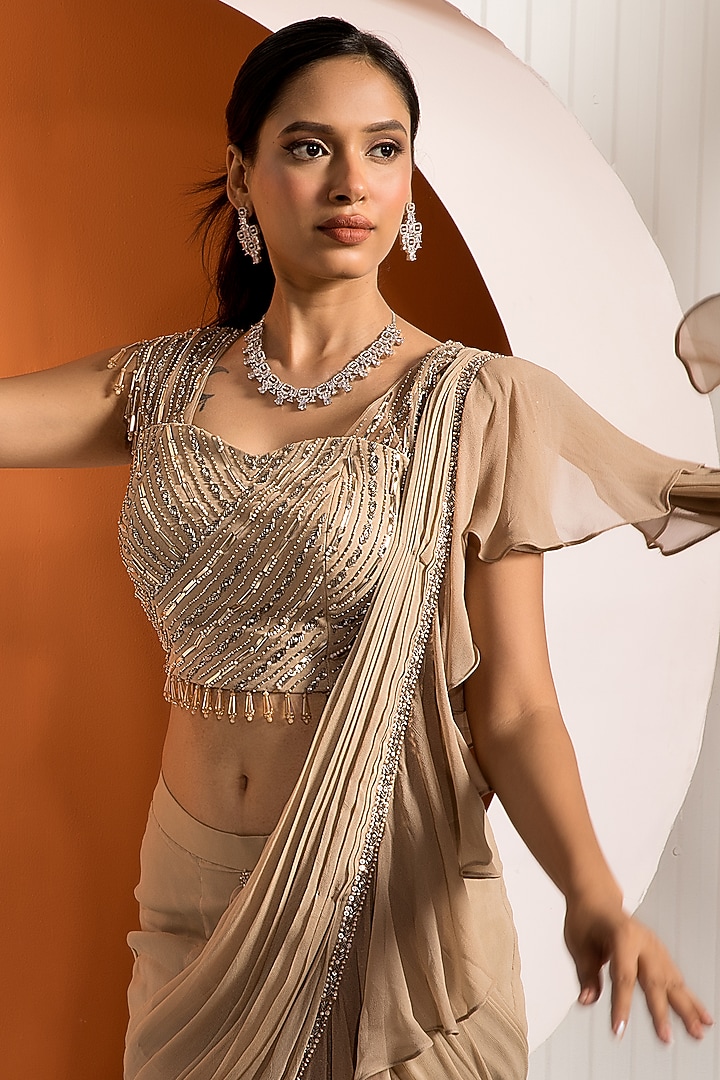 Tan Georgette Gharara Draped Wedding Saree Set by Jade by Ashima at Pernia's Pop Up Shop