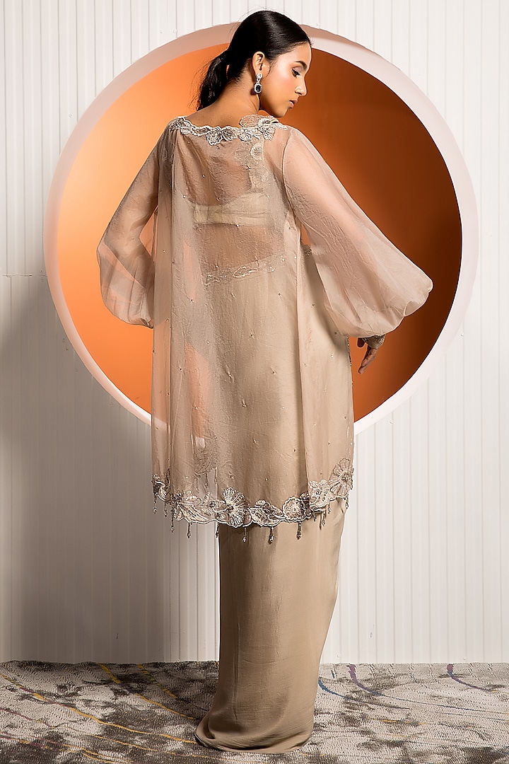 Tan Crepe Draped Skirt Set With Shrug by Jade by Ashima at Pernia's Pop Up Shop