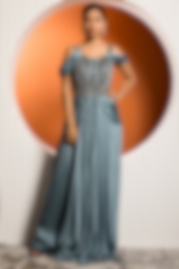 Steel Blue Satin Draped Gown by Jade by Ashima at Pernia's Pop Up Shop