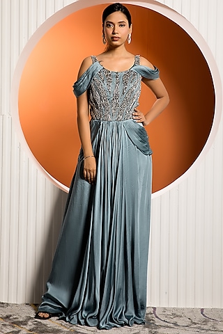 Steel Blue Satin Draped Gown by Jade by Ashima