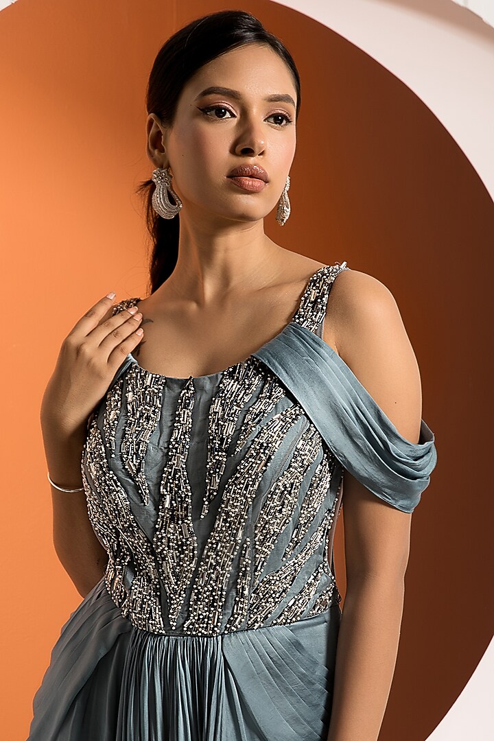 Steel Blue Satin Draped Gown by Jade by Ashima at Pernia's Pop Up Shop
