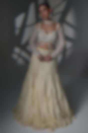 Butter Yellow Satin Ruffled Wedding Lehenga Set by Jade By Ashima at Pernia's Pop Up Shop