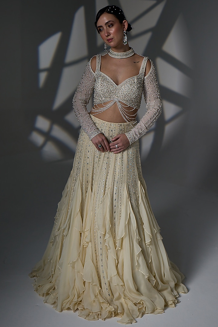 Butter Yellow Satin Ruffled Wedding Lehenga Set by Jade By Ashima at Pernia's Pop Up Shop