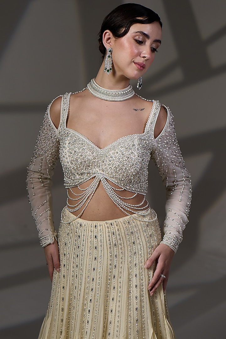Butter Yellow Satin Ruffled Wedding Lehenga Set by Jade By Ashima at Pernia's Pop Up Shop