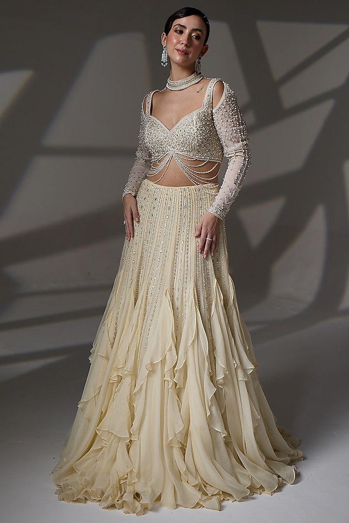 Butter Yellow Satin Ruffled Wedding Lehenga Set by Jade By Ashima at Pernia's Pop Up Shop