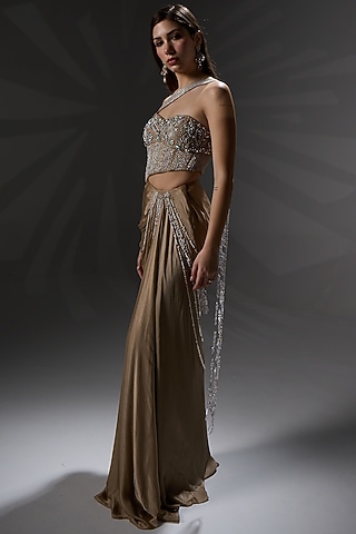 Almond Gold Organza Draped Saree Set by Jade By Ashima