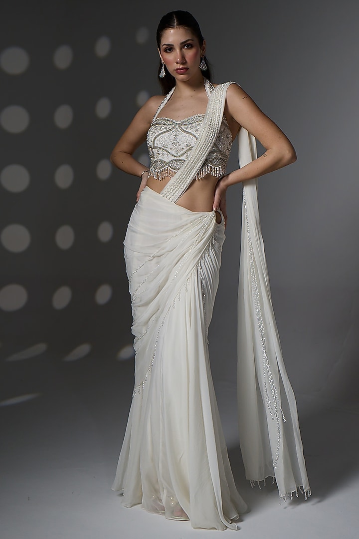 Neutral White Organza Pre-Draped Wedding Saree Set by Jade By Ashima at Pernia's Pop Up Shop