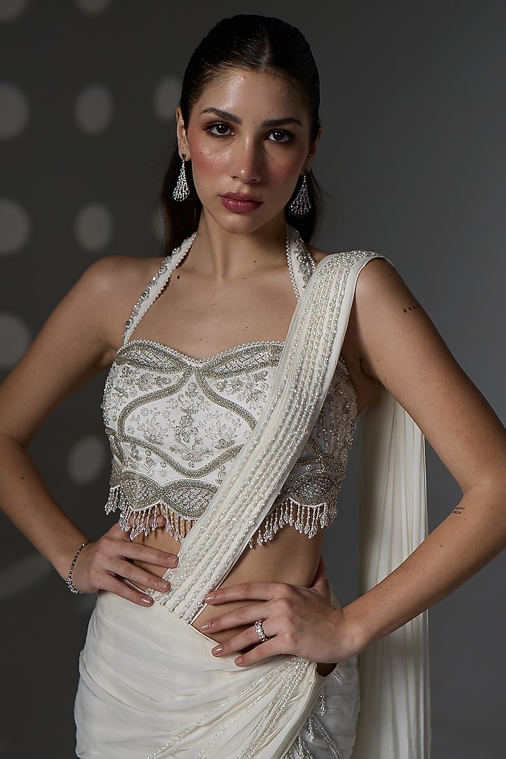 Neutral White Organza Pre-Draped Wedding Saree Set by Jade By Ashima at Pernia's Pop Up Shop