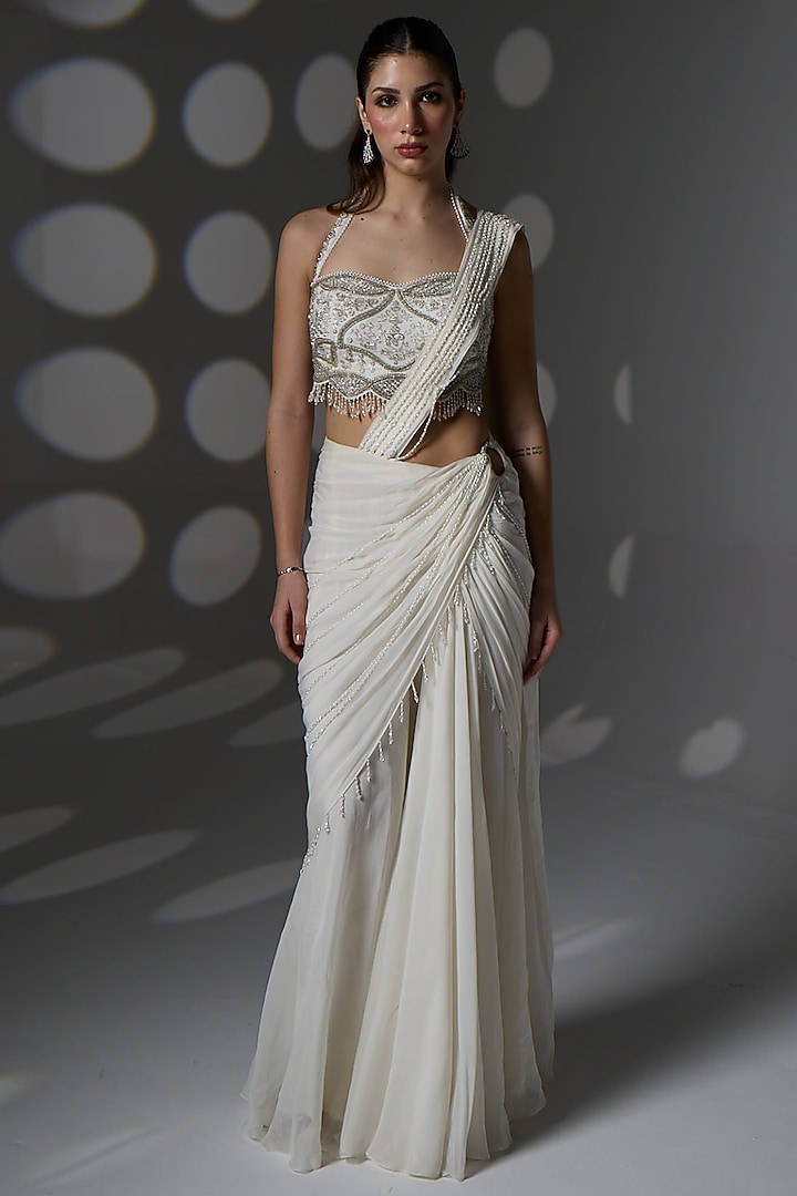 Neutral White Organza Pre-Draped Wedding Saree Set by Jade By Ashima at Pernia's Pop Up Shop
