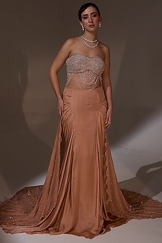 Pale Mauve Satin Draped Trail Skirt Set by Jade By Ashima