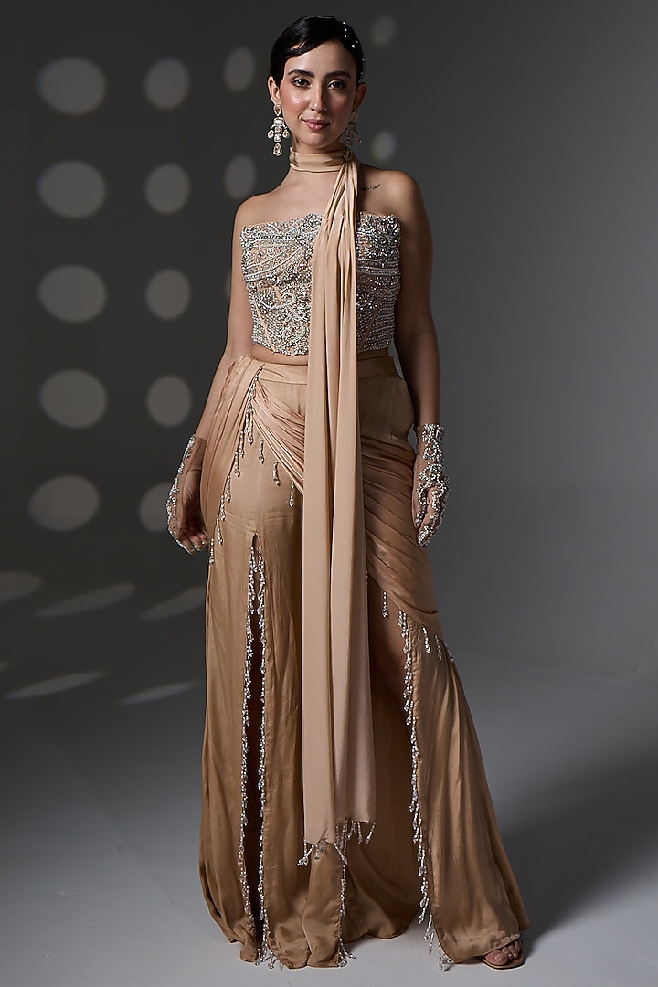 Washed Gold Satin Front-Slit Pant Set by Jade By Ashima at Pernia's Pop Up Shop