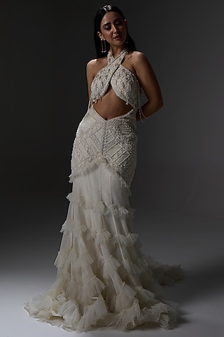 Mouse Grey Organza Halter Flared Fish-Cut Gown by Jade By Ashima
