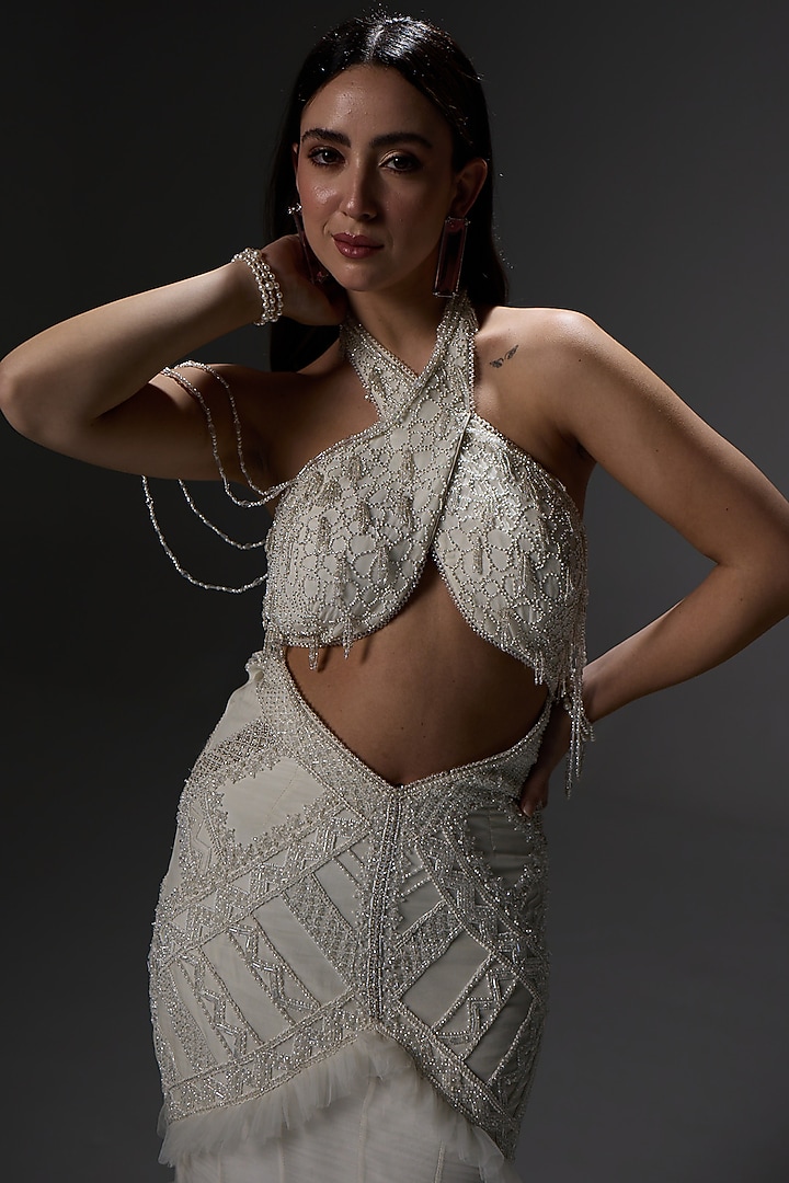 Mouse Grey Organza Halter Flared Fish-Cut Wedding Gown by Jade By Ashima at Pernia's Pop Up Shop