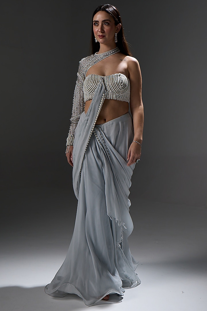 White Organza Pre-Draped Wedding Saree Set by Jade By Ashima at Pernia's Pop Up Shop