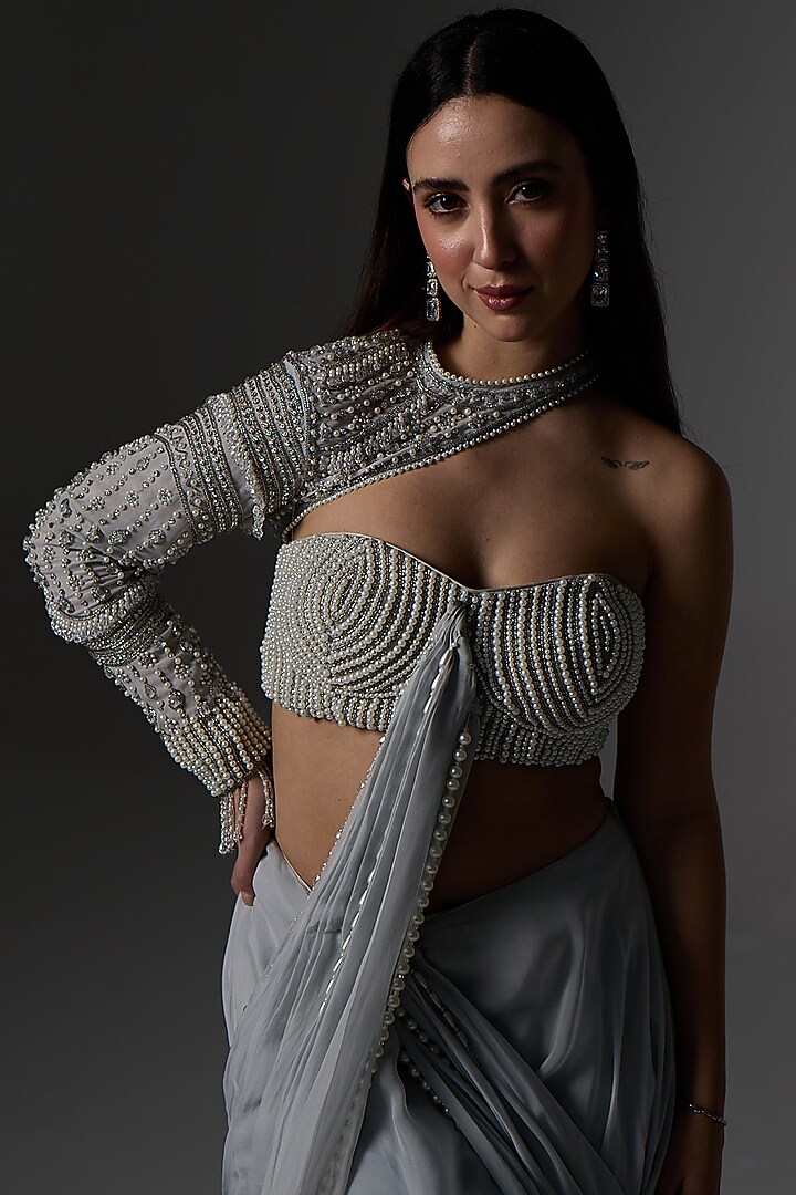 White Organza Pre-Draped Wedding Saree Set by Jade By Ashima at Pernia's Pop Up Shop