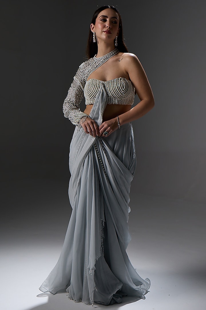 White Organza Pre-Draped Wedding Saree Set by Jade By Ashima at Pernia's Pop Up Shop