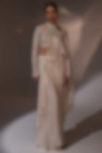 Egg White Chinon Pre-Draped Wedding Saree Set by Jade By Ashima at Pernia's Pop Up Shop