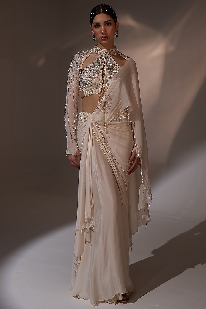 Egg White Chinon Pre-Draped Wedding Saree Set by Jade By Ashima at Pernia's Pop Up Shop