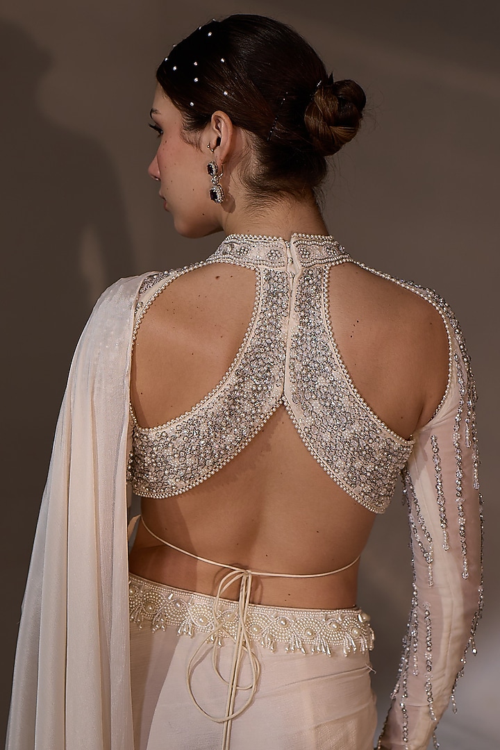 Egg White Chinon Pre-Draped Wedding Saree Set by Jade By Ashima at Pernia's Pop Up Shop