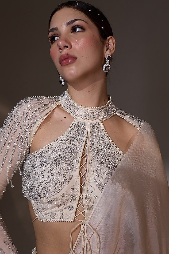 Egg White Chinon Pre-Draped Wedding Saree Set by Jade By Ashima at Pernia's Pop Up Shop
