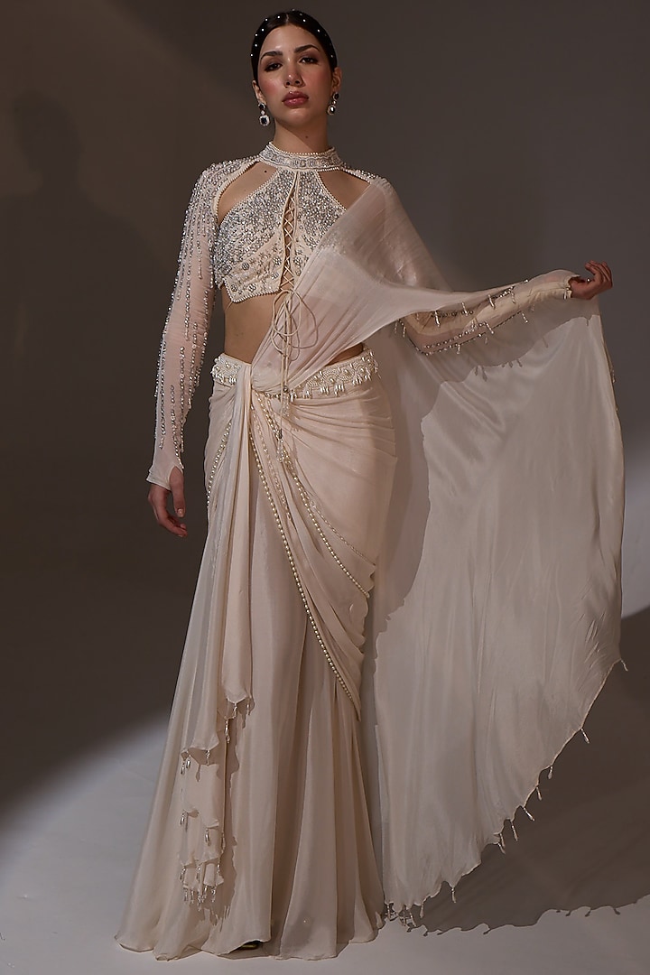 Egg White Chinon Pre-Draped Wedding Saree Set by Jade By Ashima at Pernia's Pop Up Shop