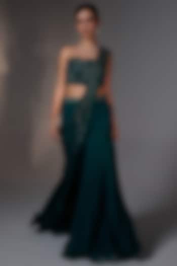 Teal Green Organza Tassels Hand Embroidered Sharara Wedding Saree Set by Jade By Ashima at Pernia's Pop Up Shop