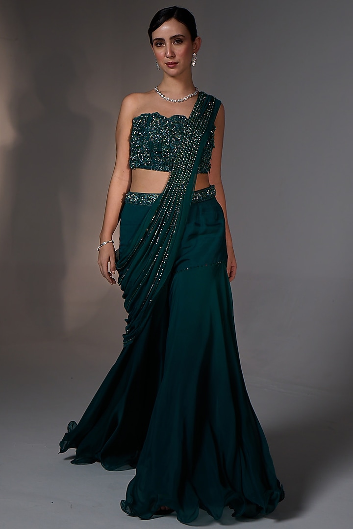 Teal Green Organza Tassels Hand Embroidered Sharara Wedding Saree Set by Jade By Ashima at Pernia's Pop Up Shop