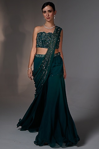 Teal Green Organza Tassels Hand Embroidered Sharara Saree Set by Jade By Ashima